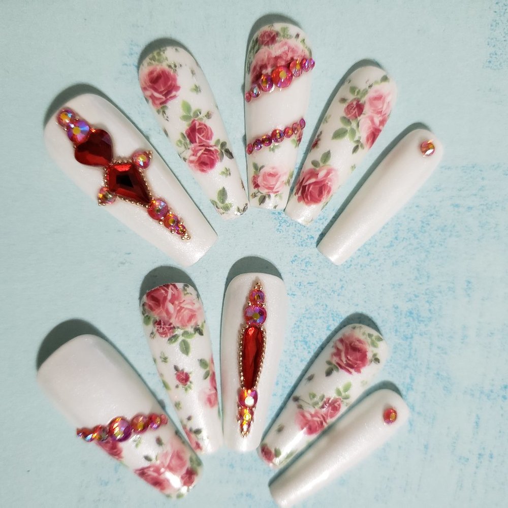 Long Coffin Press on Nails " Pearl Of Roses "